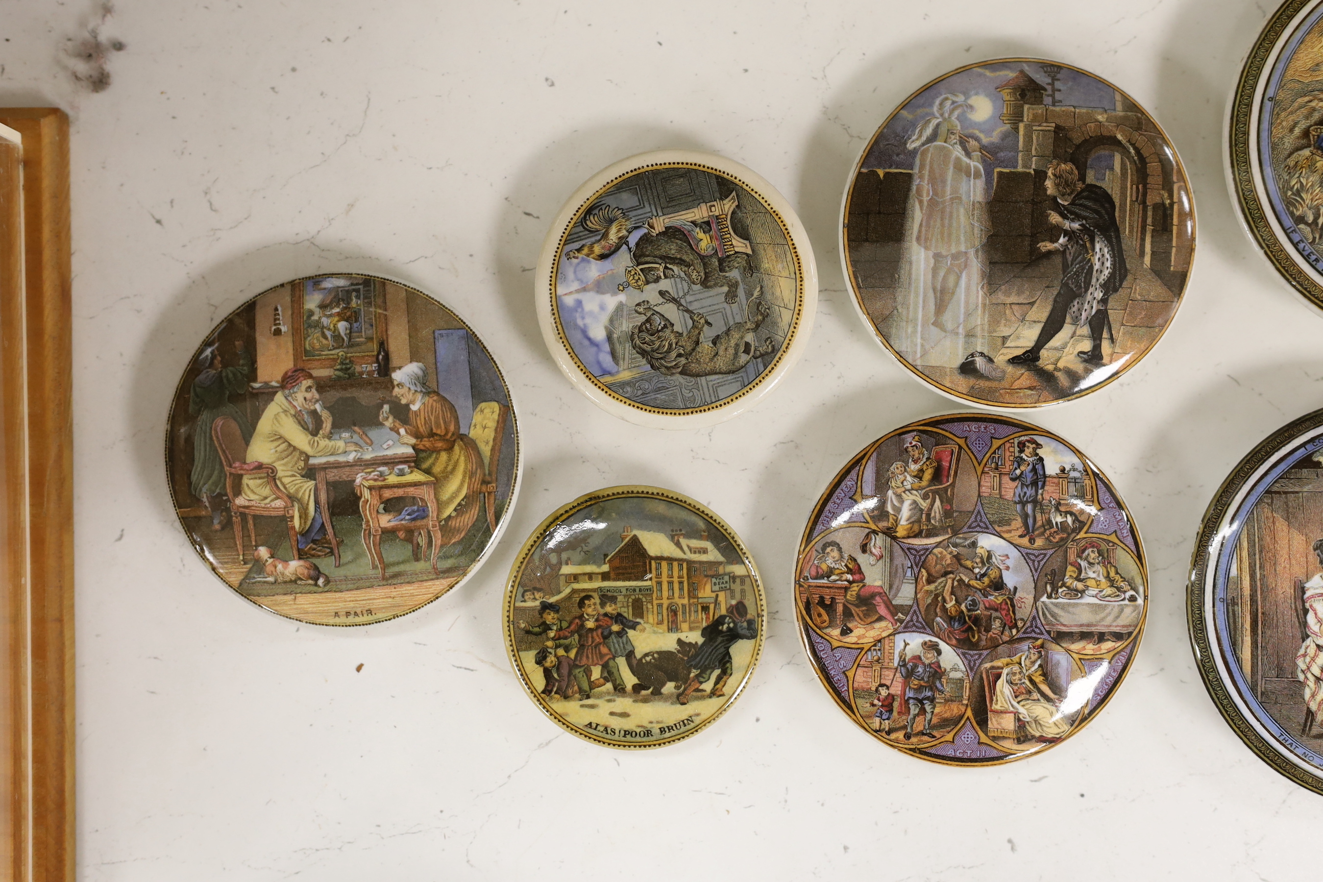 Nine various Victorian pot lids of classical interior scenes, largest 12cm diameter